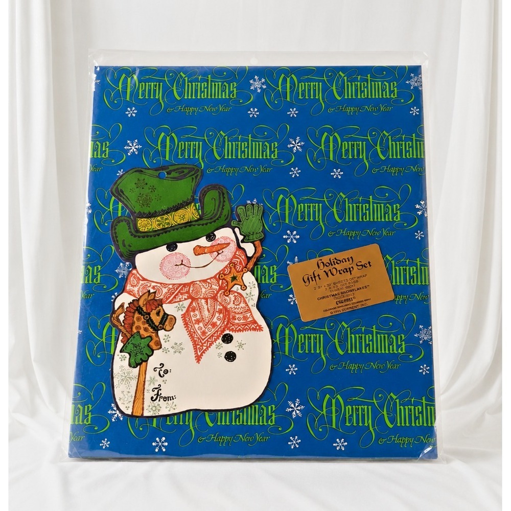 Current Holiday Gift Wrap Set Christmas Snowflakes 24x30 Blue Green 1979 Snowman
